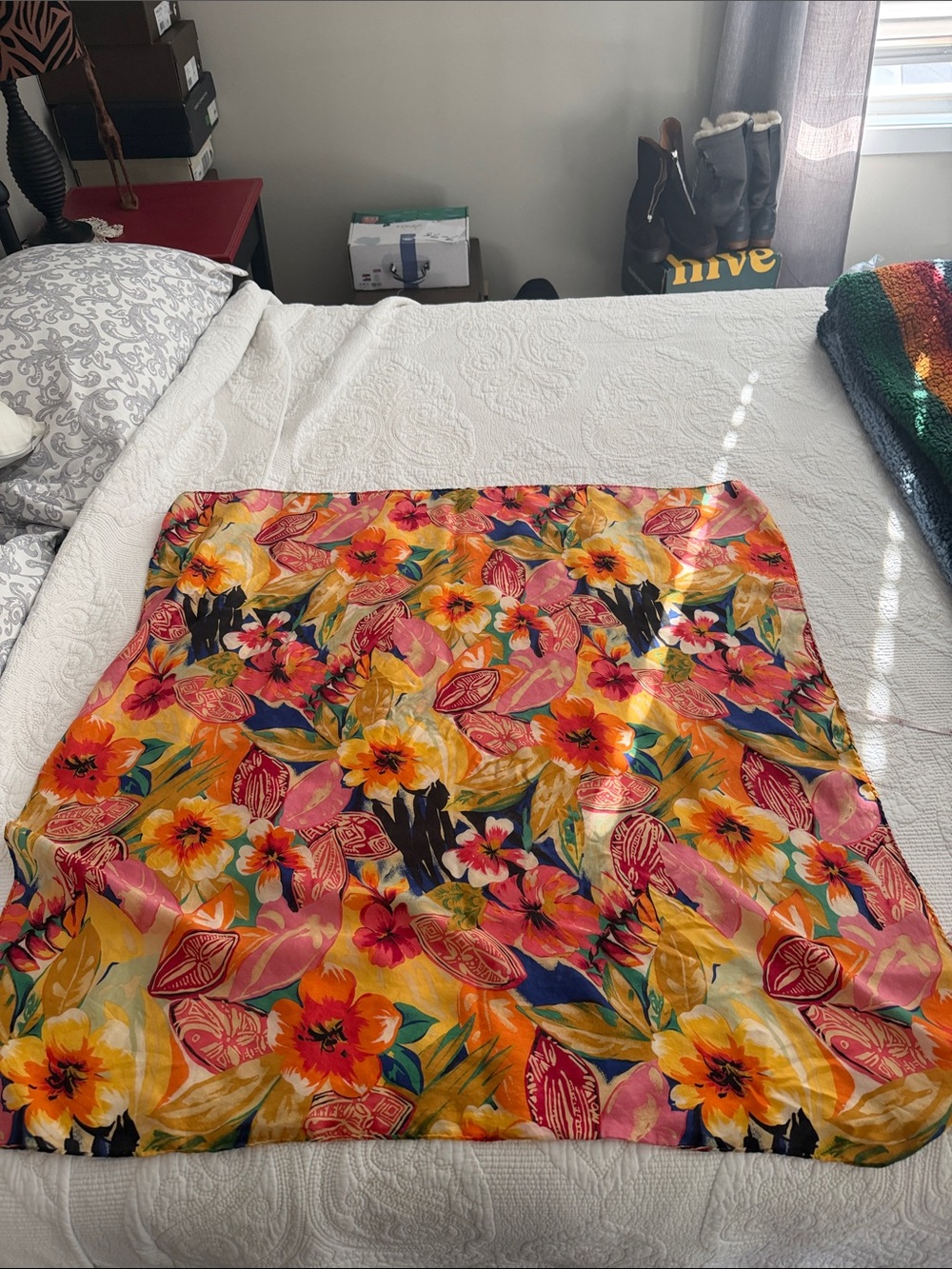 Vintage 100% Pure Silk Floral Scarf 34x34” Hand Rolled Hem Maximalist Tropical